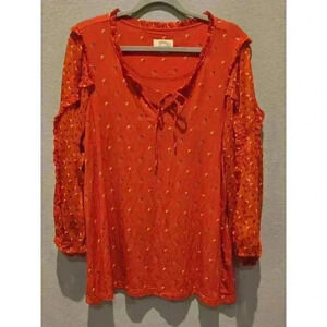 Maeve Women's 1X Red Peasant Blouse Tie 3/4 Puff Sleeve Ruffle Coquette Cottage